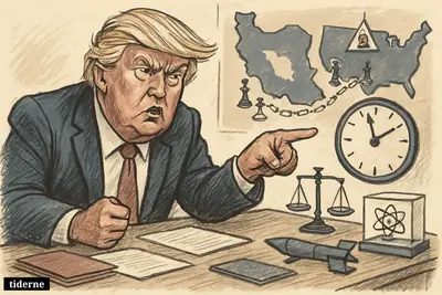 Caricature of Donald Trump angrily pointing at a ticking clock in a war-room with nuclear and Iran negotiation symbols.