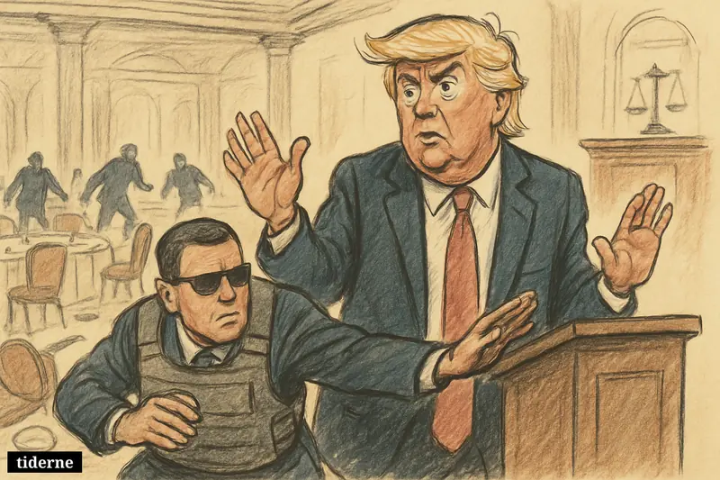 Trump recoils behind a podium as a Secret Service agent shields him in a disrupted hotel ballroom with legal symbols nearby.