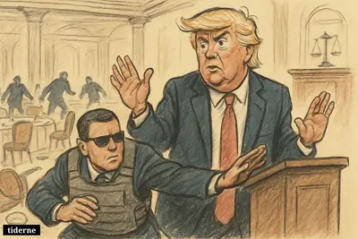 Trump recoils behind a podium as a Secret Service agent shields him in a disrupted hotel ballroom with legal symbols nearby.
