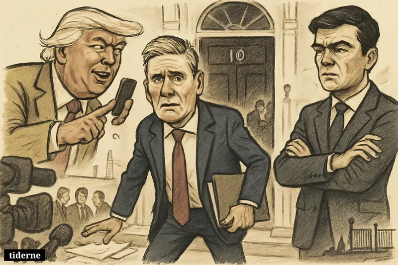 Keir Starmer looks strained outside Downing Street as Donald Trump gestures with a phone and Andy Burnham watches amid Labour tension.