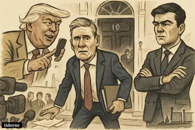 Keir Starmer looks strained outside Downing Street as Donald Trump gestures with a phone and Andy Burnham watches amid Labour tension.