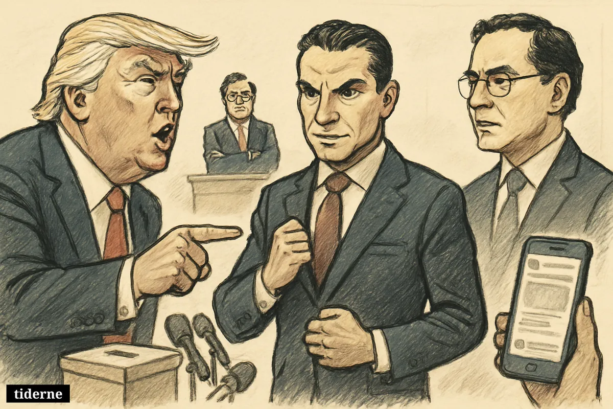 Trump points dramatically toward Abelardo de la Espriella as Iván Cepeda and Gustavo Petro watch on a Colombian election stage.
