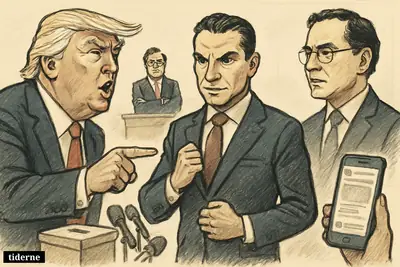Trump points dramatically toward Abelardo de la Espriella as Iván Cepeda and Gustavo Petro watch on a Colombian election stage.