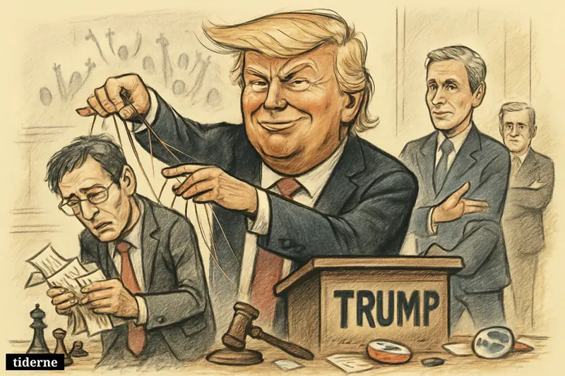 Trump towers over a defeated Thomas Massie in a Republican primary hall, using puppet strings as Ed Gallrein steps forward.