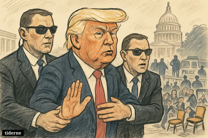 Donald Trump is rushed away by Secret Service agents at a disrupted Washington event, raising a hand in thanks as security swarms the scene.