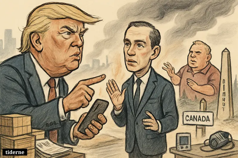 Caricatures of Trump confronting Mark Carney and Doug Ford at the border as wildfire smoke drifts toward a hazy US city skyline. (AI-genereret illustration)