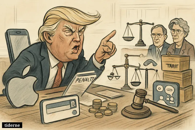 Donald Trump caricature angrily confronts EU officials at a table surrounded by tech-company symbols, legal props, shipping crates, and trade-themed objects. (AI-genereret illustration)