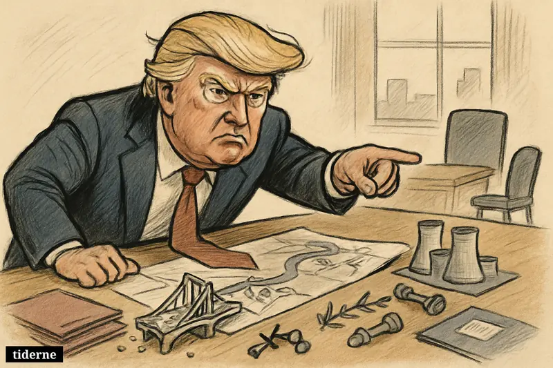 Donald Trump caricature leans over a negotiation table, pointing angrily at bridge and power plant models in a tense Islamabad meeting room.