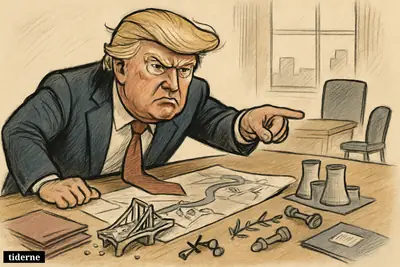 Donald Trump caricature leans over a negotiation table, pointing angrily at bridge and power plant models in a tense Islamabad meeting room.
