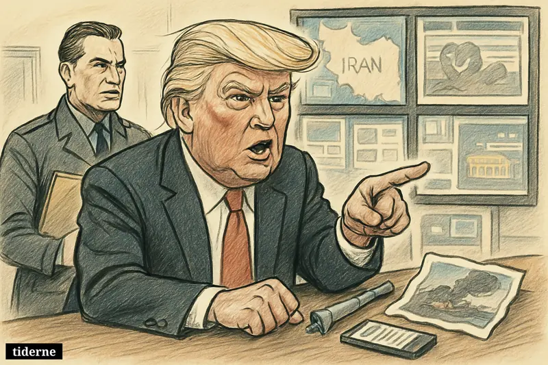 Trump points aggressively from a desk as Pete Hegseth stands beside him, with screens, a missile model, and a rejected bombing photo behind. (AI-genereret illustration)