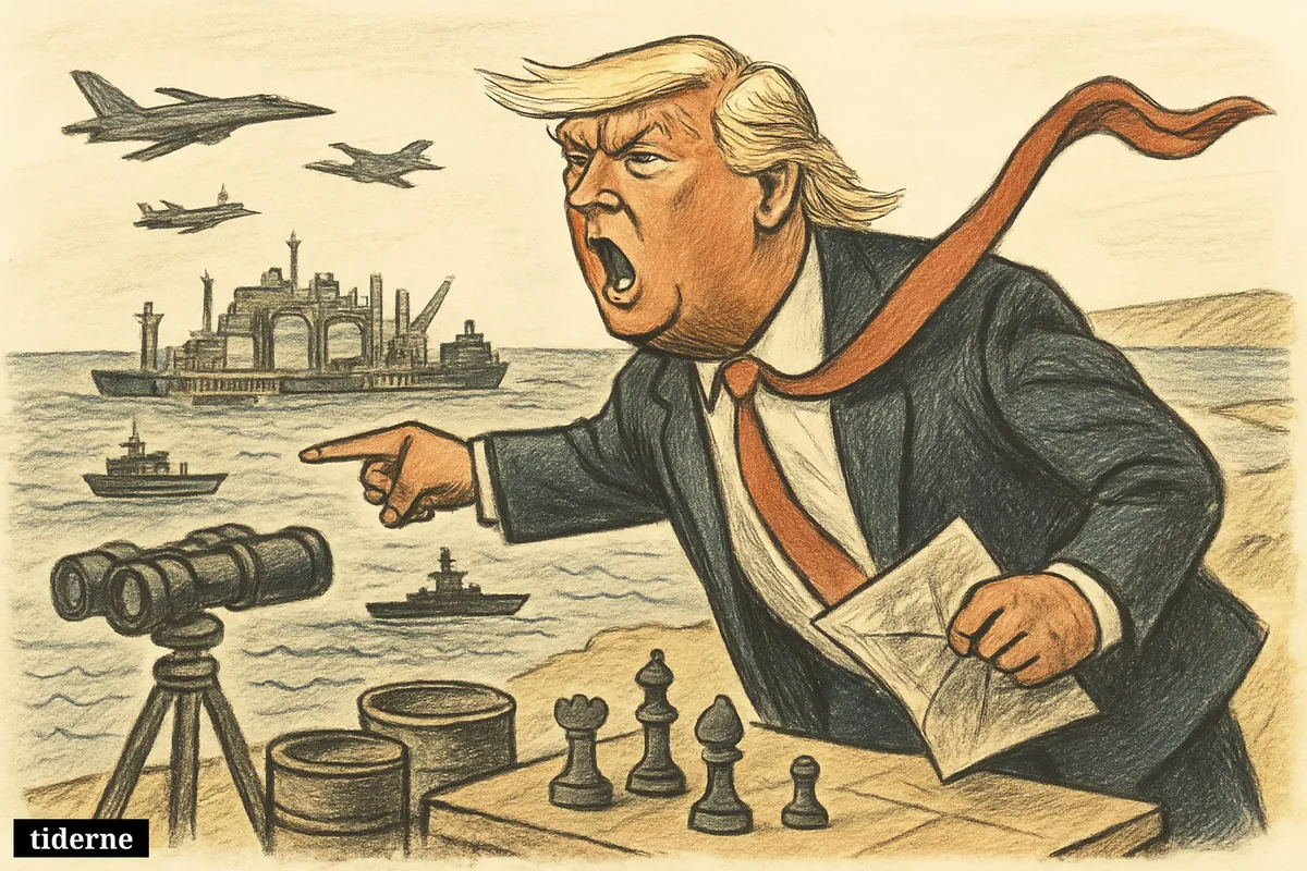 Caricature of Donald Trump pointing aggressively across Gulf waters toward an Iranian oil island surrounded by tankers, warships, and military tension.