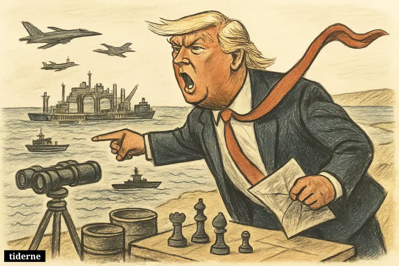 Caricature of Donald Trump pointing aggressively across Gulf waters toward an Iranian oil island surrounded by tankers, warships, and military tension.
