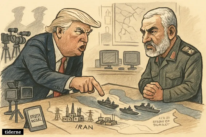Trump points over a war map at Iranian infrastructure while Soleimani faces him across a table crowded with ships and military symbols.
