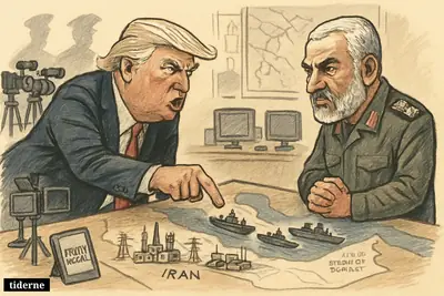 Trump points over a war map at Iranian infrastructure while Soleimani faces him across a table crowded with ships and military symbols.