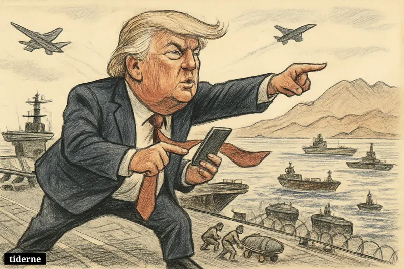 Caricature of Donald Trump on a warship, pointing toward Iran while holding a phone as tankers and warplanes crowd the Strait of Hormuz.