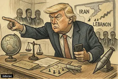 Caricature of Donald Trump in a war room, pointing forcefully over maps of Iran and Lebanon with military props and tense advisers behind him.