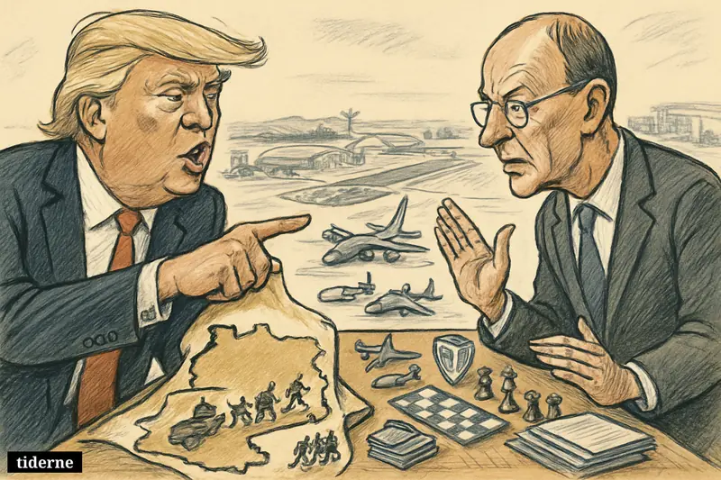 Trump pulls U.S. troops from a Germany-shaped table while Chancellor Merz objects across a military strategy scene centered on a major airbase.