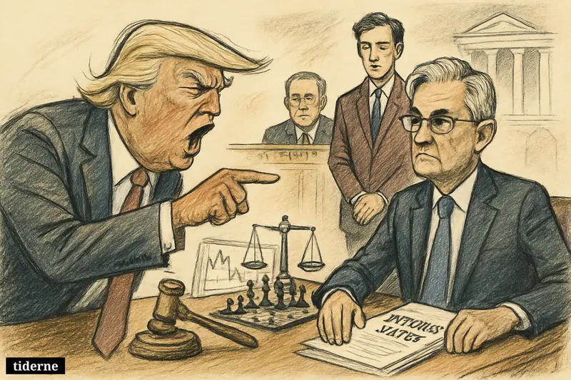Trump angrily confronts Jerome Powell across a hearing table as Kevin Warsh waits nearby and Thom Tillis watches in a central bank setting.