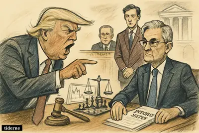 Trump angrily confronts Jerome Powell across a hearing table as Kevin Warsh waits nearby and Thom Tillis watches in a central bank setting.