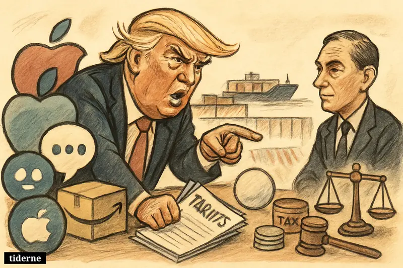 Donald Trump angrily threatens tariffs across a trade table, with giant tech company symbols and British tax props between the US and UK.