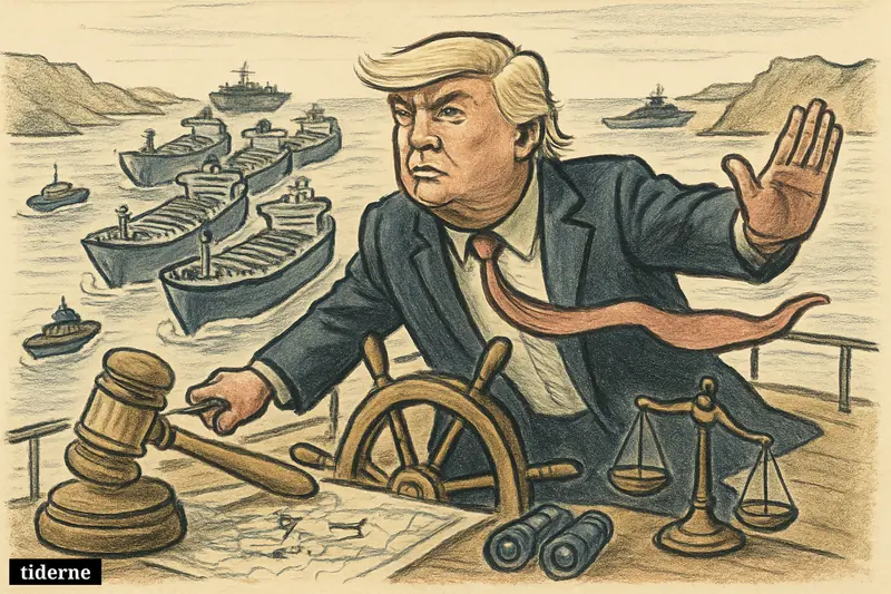 Donald Trump on a warship blocks oil tankers in the Strait of Hormuz, surrounded by legal symbols and tense maritime security imagery.