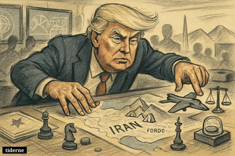 Donald Trump hovers over a map of Iran in a tense war room, pulling back a model bomber above symbols of Fordo.