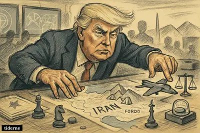 Donald Trump hovers over a map of Iran in a tense war room, pulling back a model bomber above symbols of Fordo.