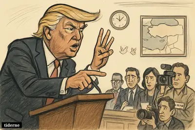 Caricature of Donald Trump in the White House claiming a ceasefire extension as skeptical reporters and diplomatic props suggest uncertain confirmation.