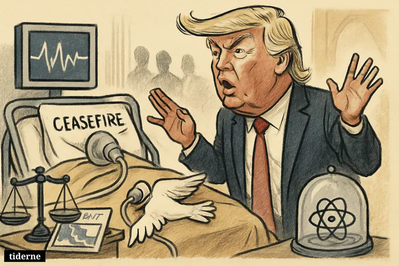 Donald Trump caricature stands by a ceasefire patient on life support, surrounded by symbols of Iran tensions, sanctions, Hormuz, and nuclear dispute.