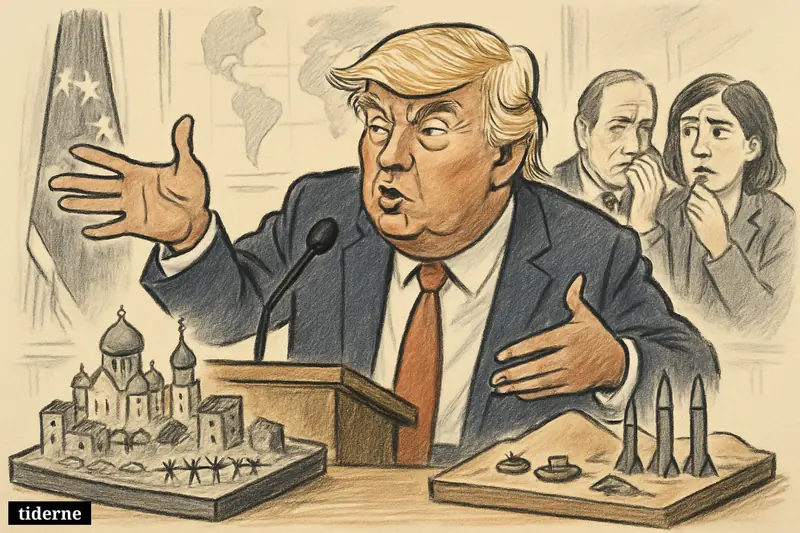 Donald Trump at a podium gestures between two war tables as anxious aides react in an international briefing room.