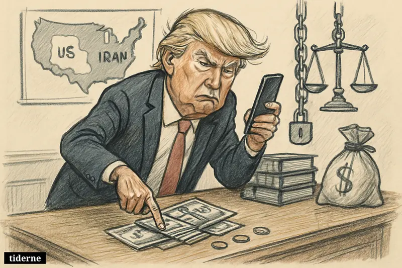 Caricature of Donald Trump at a desk, sweeping away money while holding a phone, with sanctions symbols and maps behind him.