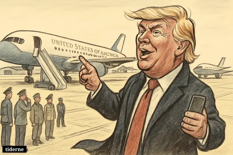 Donald Trump on a British airbase tarmac points proudly at two presidential planes while U.S. military personnel gather nearby. (AI-genereret illustration)