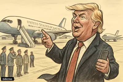 Donald Trump on a British airbase tarmac points proudly at two presidential planes while U.S. military personnel gather nearby. (AI-genereret illustration)