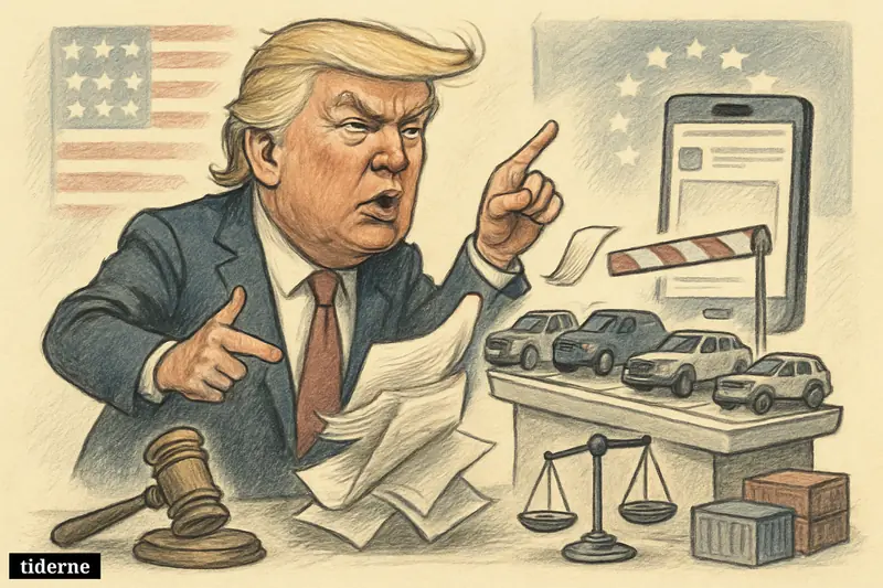 Caricature of Donald Trump announcing tariffs beside imported cars, blank agreement papers, a social media phone, and trade dispute symbols.