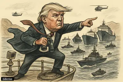 Caricature of Donald Trump directing a naval convoy through a narrow strait, with merchant ships escorted by warships and tense patrol boats nearby.