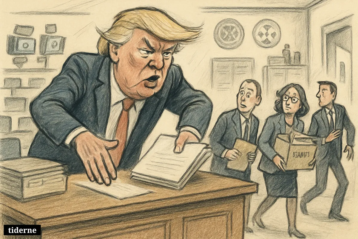 Donald Trump caricature orders cuts from a government desk as nervous intelligence staff with boxes leave a federal office.