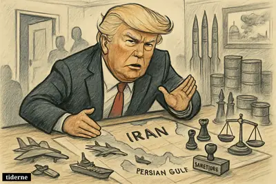 Donald Trump caricature looms over a war table with Iran map, jets, missiles, sanctions props, and a half-open door hinting at diplomacy.