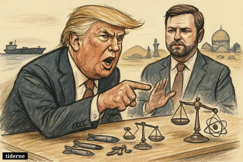 Trump and J. D. Vance at a tense negotiation table with missiles, atom symbols, and a narrow sea passage suggesting Iran and looming conflict.