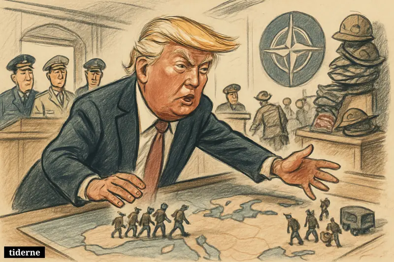Trump caricature gestures over a Europe map as miniature U.S. soldiers withdraw from Germany in a tense military command room.