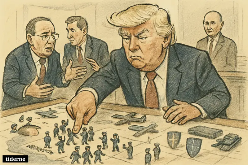 Trump pushes miniature U.S. troops off a Germany war table as Pistorius reacts, lawmakers confer, and Putin watches from behind.