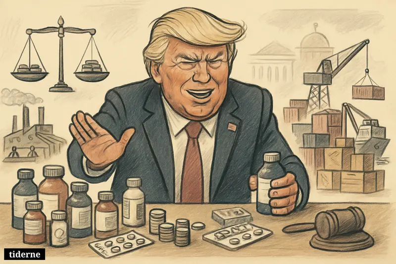 Caricature of Donald Trump announcing drug tariffs at a desk with pill bottles, shipping crates, factory buildings, and economic symbols. (AI-genereret illustration)
