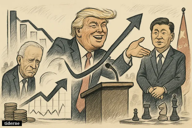 Trump boasts at a podium beside Biden and Xi, turning a falling-then-rising U.S. chart into a political victory scene.