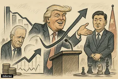 Trump boasts at a podium beside Biden and Xi, turning a falling-then-rising U.S. chart into a political victory scene.