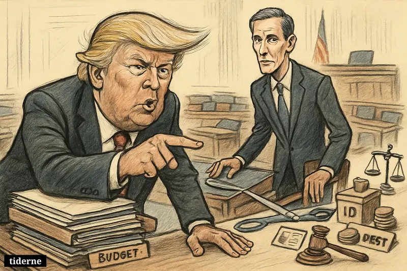 Caricature of Donald Trump pressuring John Thune in the Senate chamber, with filibuster-cutting shears, voting props, and budget symbols nearby. (AI-genereret illustration)