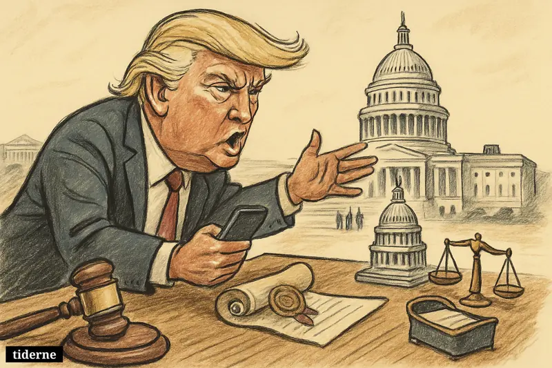 Caricature of Donald Trump pointing toward the U.S. Capitol from a desk crowded with legal symbols and a cradle symbolizing birthright citizenship.