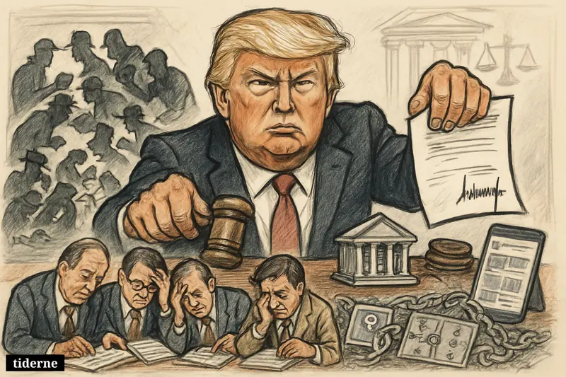 Caricature of Donald Trump issuing a forceful banking order as bankers, smugglers, and locked vaults symbolize a crackdown on financial access.