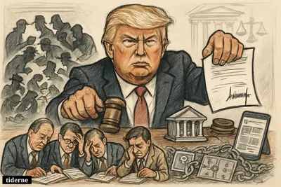 Caricature of Donald Trump issuing a forceful banking order as bankers, smugglers, and locked vaults symbolize a crackdown on financial access.