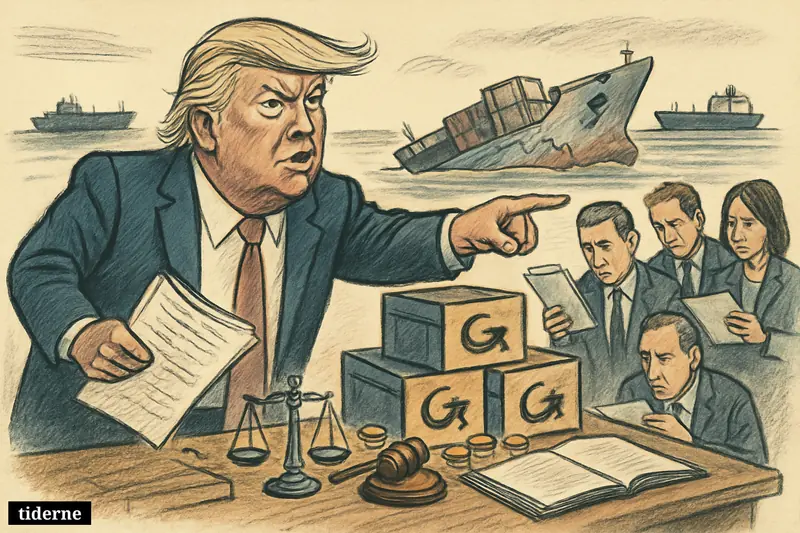 Caricature of Donald Trump on a dock pointing at controlled funds while damaged ships, insurers, and legal symbols frame a shipping compensation dispute. (AI-genereret illustration)