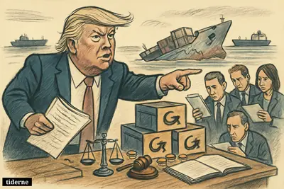 Caricature of Donald Trump on a dock pointing at controlled funds while damaged ships, insurers, and legal symbols frame a shipping compensation dispute. (AI-genereret illustration)
