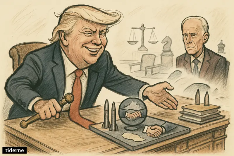 Trump dominates a merged war room and negotiation table while Biden sits behind him, underscoring control, conflict, and dealmaking around Iran.